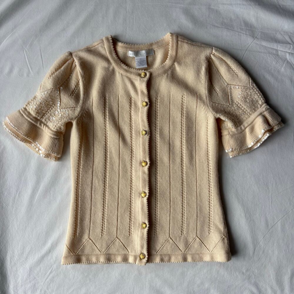 Merino Wool Cardigan Sequin Sleeve Butter Yellow Sweater - Size S